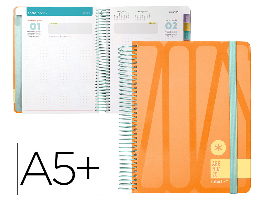 AGENDA ESPIRAL ANTARTIK BOLD A5+ 2025 DÍA PÁGINA COLOR ROSAMELOCOTÓN PAPEL 80GR