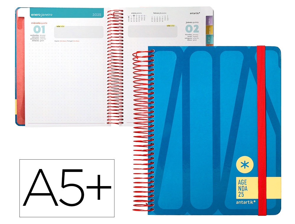AGENDA ESPIRAL ANTARTIK BOLD A5+ 2025 DIA PAGINA COLOR AZUL PAPEL 80 GR