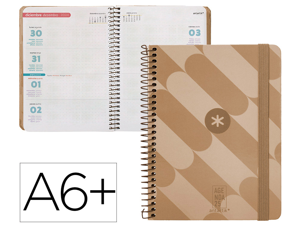 AGENDA ESPIRAL ANTARTIK PATTERN A5+ 2025 DÍA PÁGINA COLOR ROSA NUDE PAPEL 80 GR