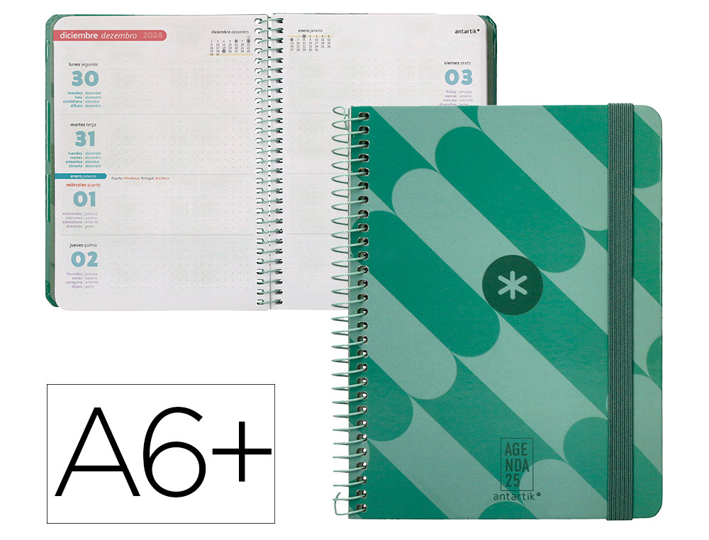 AGENDA ESPIRAL ANTARTIK PATTERN A6+ 2025 SEMANA VISTA COLOR NEGRO PAPEL 80 GR